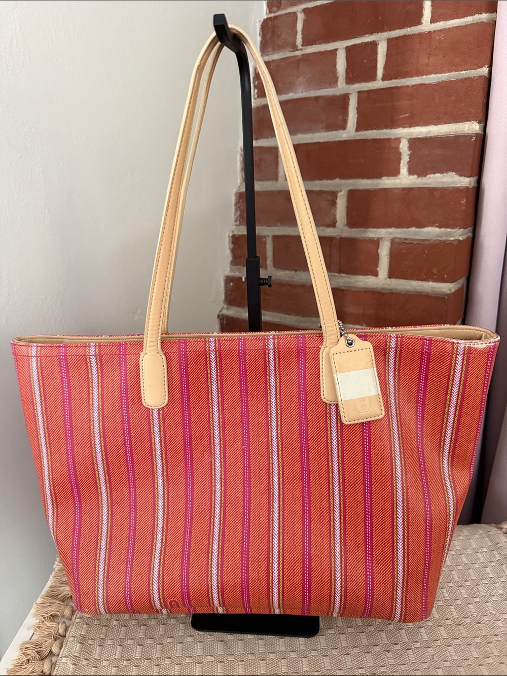 Coach Pink and Orange Striped Canvas Tote with Tan Leather Handles